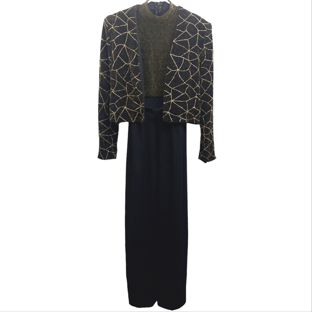 John Roberts Women's Size 12 Jumper Set Dressy Jacket Gold Black Belted Vintage